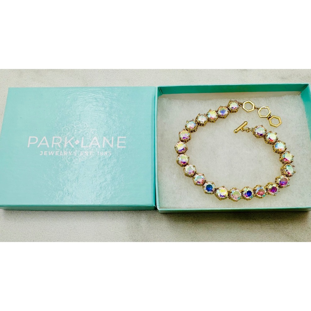 Rare Limited Edition Park Lane Gold Tone Aurora Borealis Toggle Tennis Bracelet